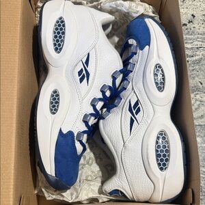 Reebok Question Low “Blue Toe” Classic White and Navy Sneakers